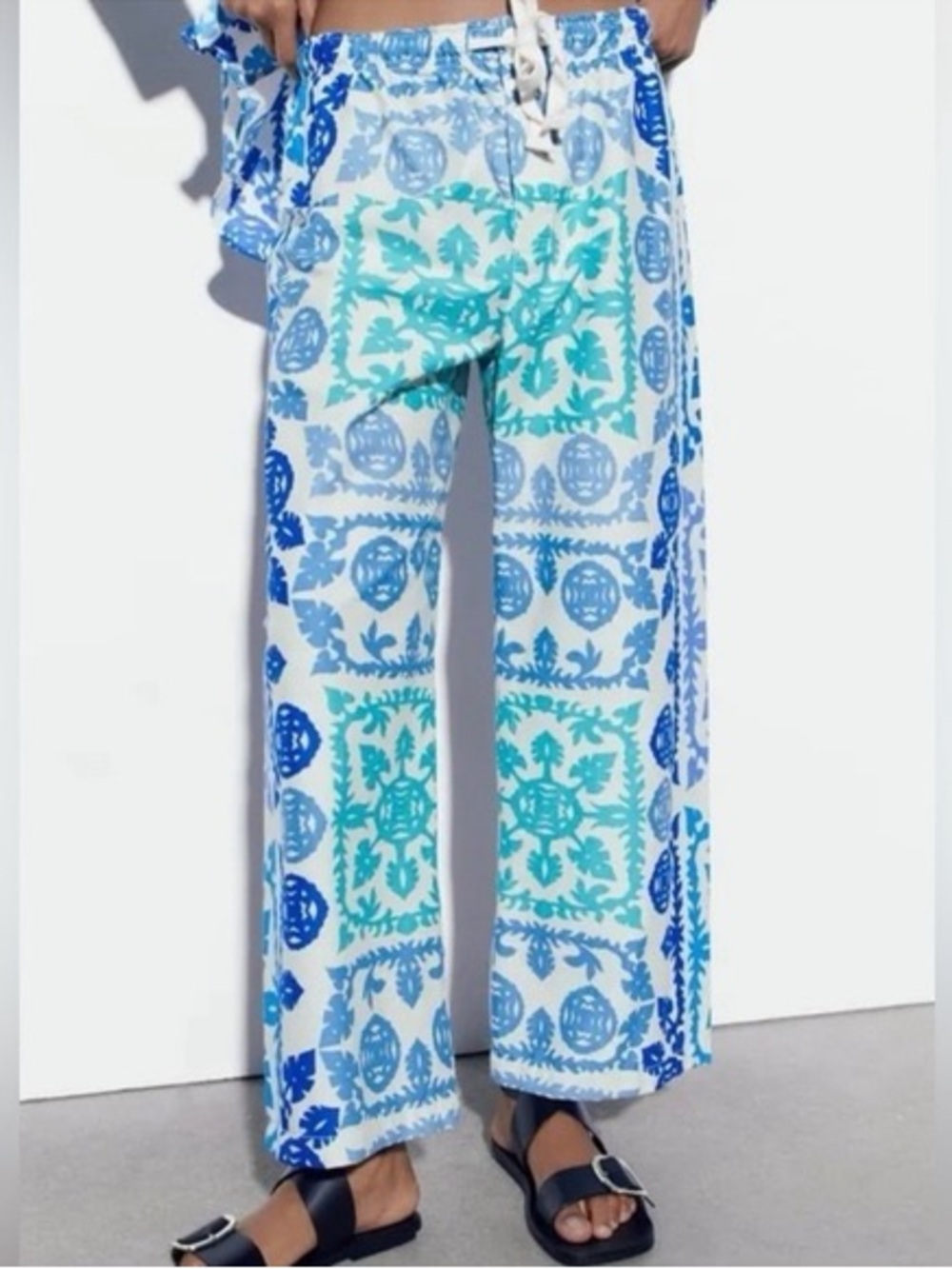 Zara Blue and Teal Printed Elastic-Waist beach Pants